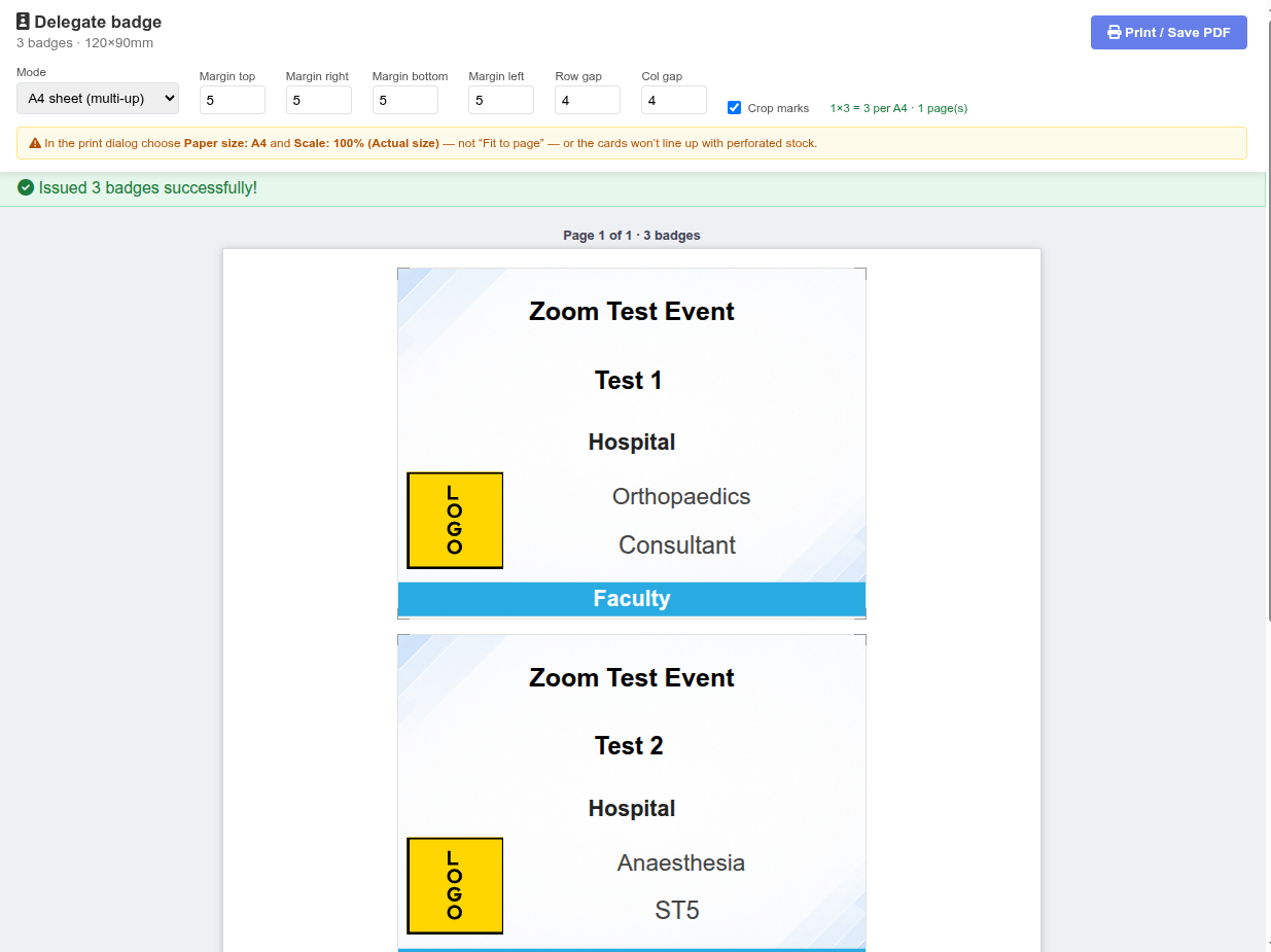 Print badges screen